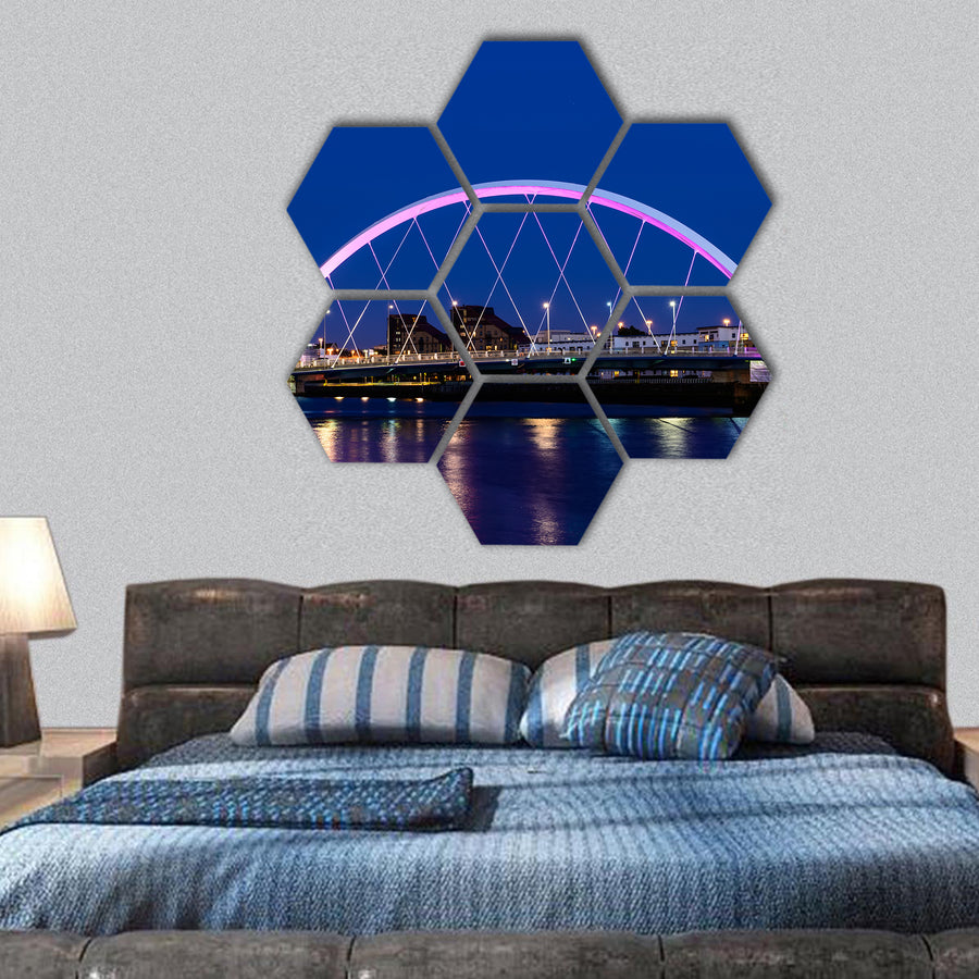 Clyde Arc spanning the river Clyde at dusk, Glasgow, UK hexagonal canvas wall art