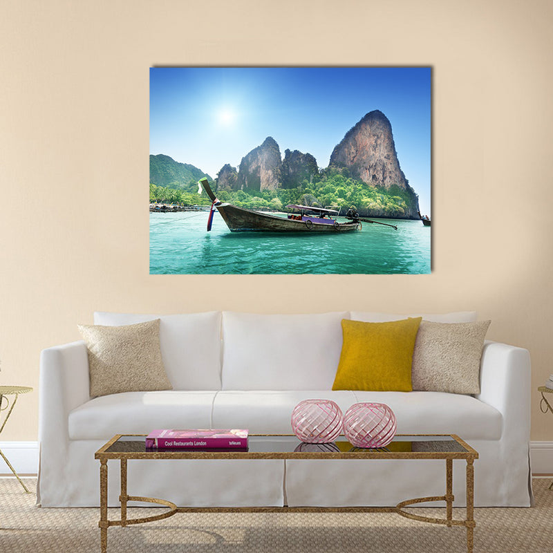 Beautiful view boats on Railay beach in Krabi Thailand Multi Panel Canvas Wall Art