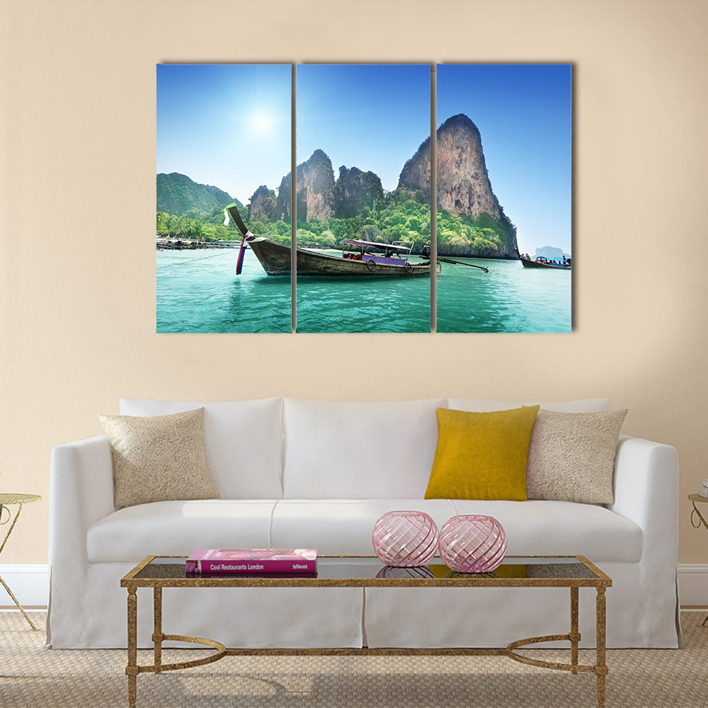 Beautiful view boats on Railay beach in Krabi Thailand Multi Panel Canvas Wall Art
