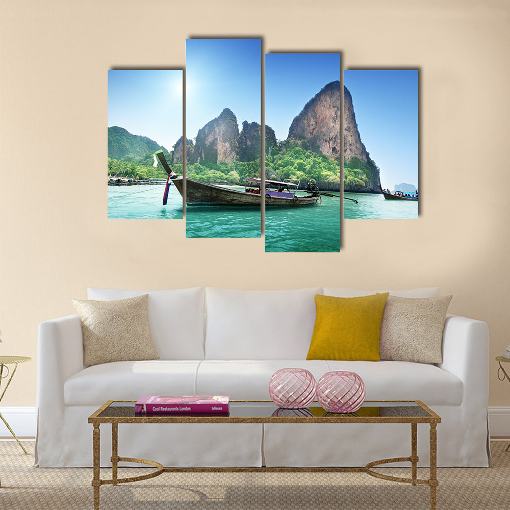 Beautiful view boats on Railay beach in Krabi Thailand Multi Panel Canvas Wall Art