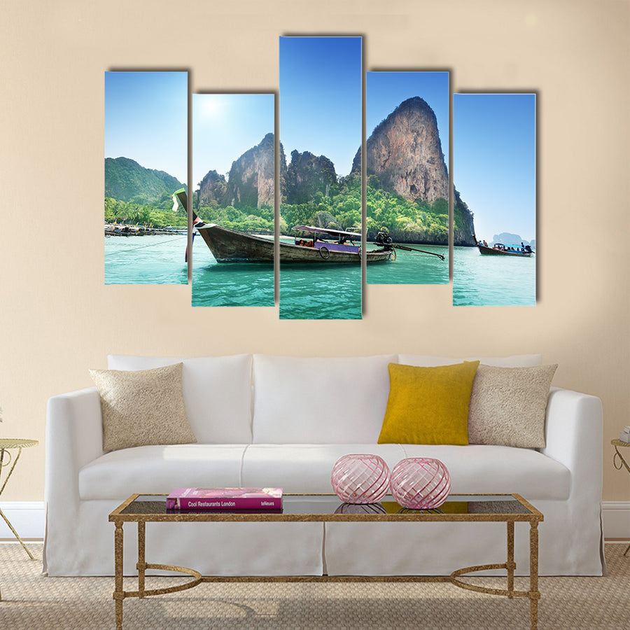 Beautiful view boats on Railay beach in Krabi Thailand Multi Panel Canvas Wall Art