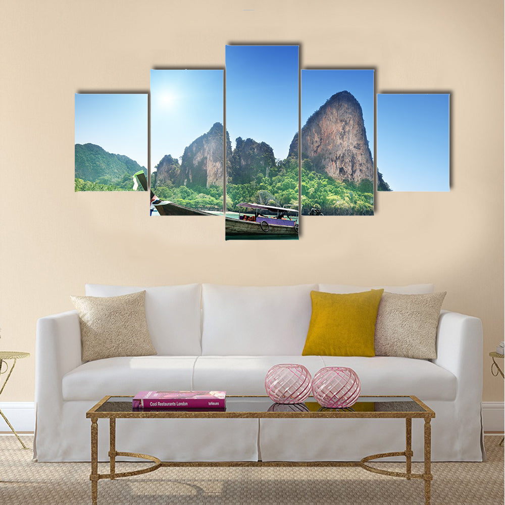 Beautiful view boats on Railay beach in Krabi Thailand Multi Panel Canvas Wall Art
