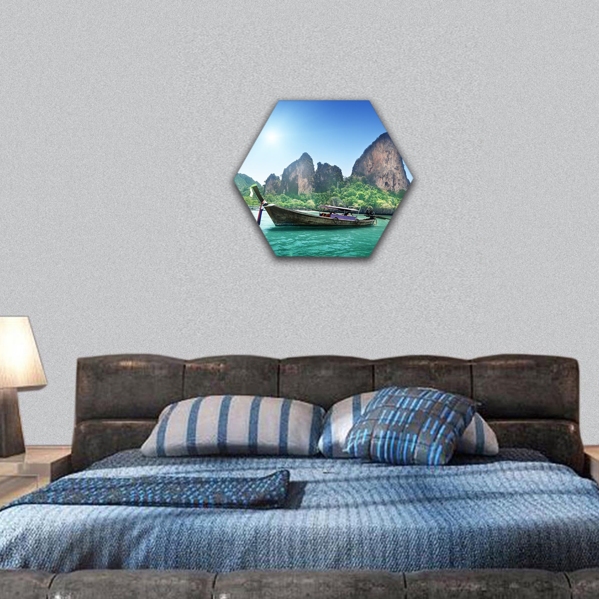 boats on Railay beach in Krabi Thailand hexagonal canvas wall art