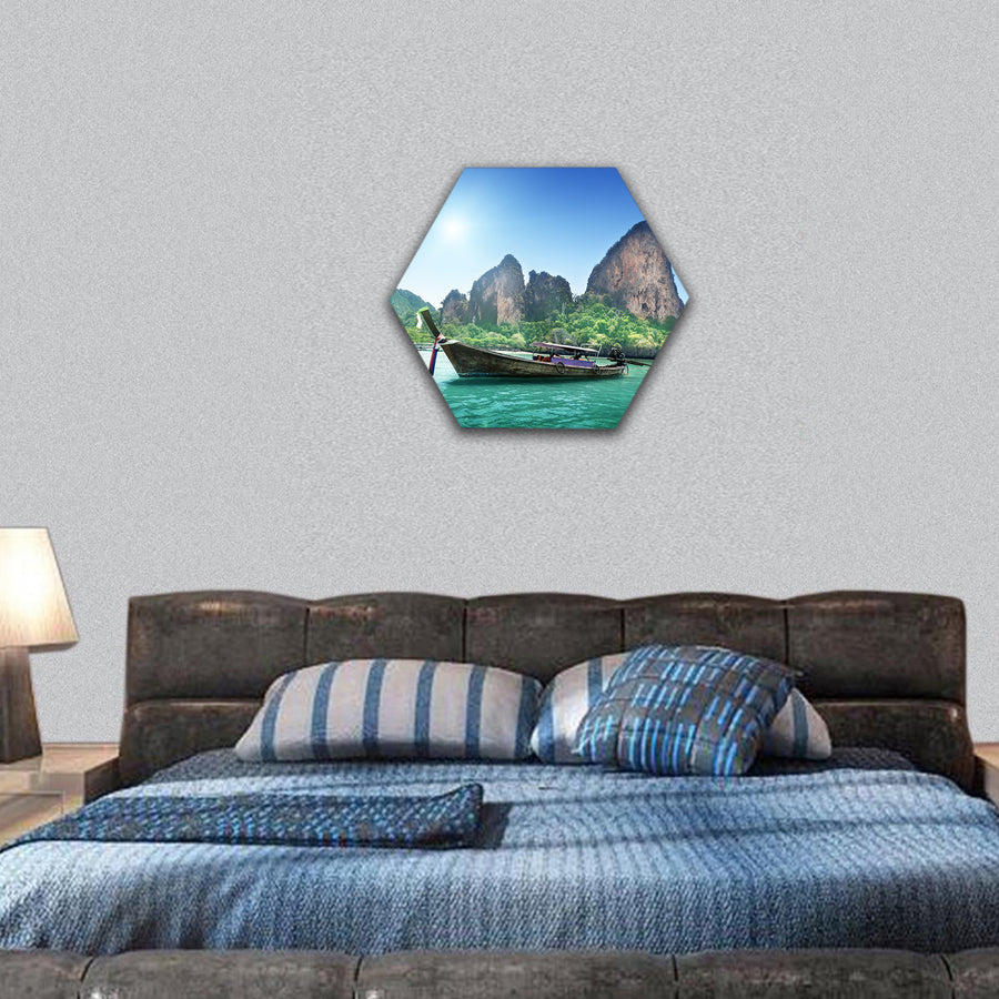 boats on Railay beach in Krabi Thailand hexagonal canvas wall art