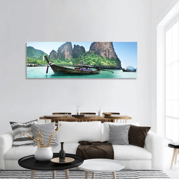 Boats on Railay beach in Krabi Thailand panoramic canvas wall art