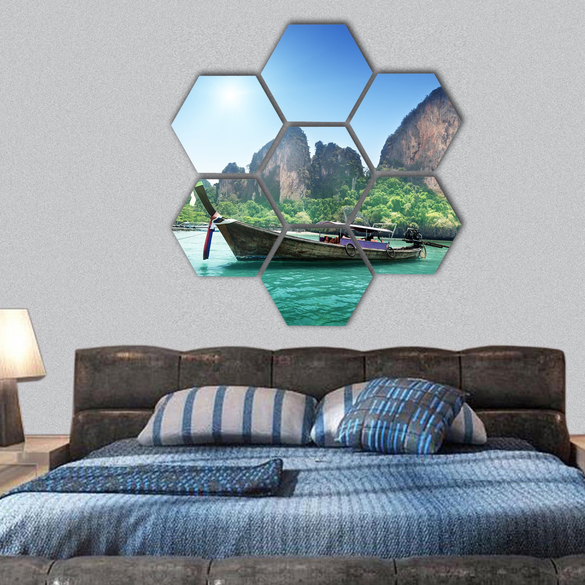 boats on Railay beach in Krabi Thailand hexagonal canvas wall art