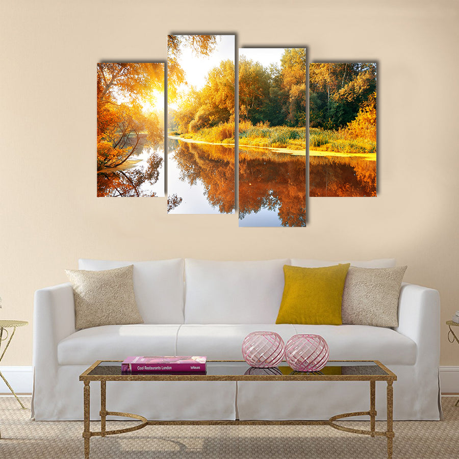 River in a delightful autumn forest at sunny day Multi panel canvas wall art