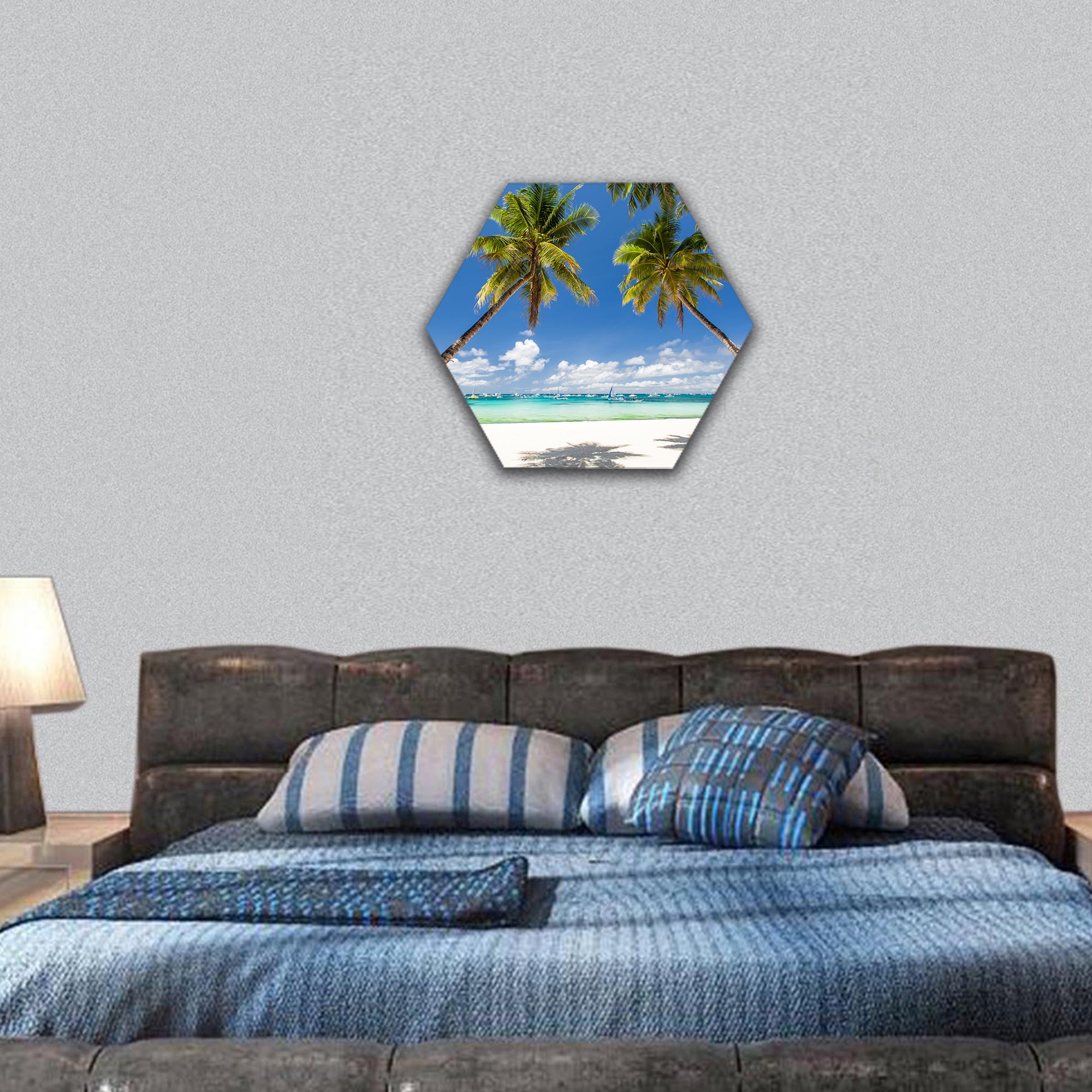 Tropical beach with palms and white sand, Boracay Island hexagonal canvas wall art