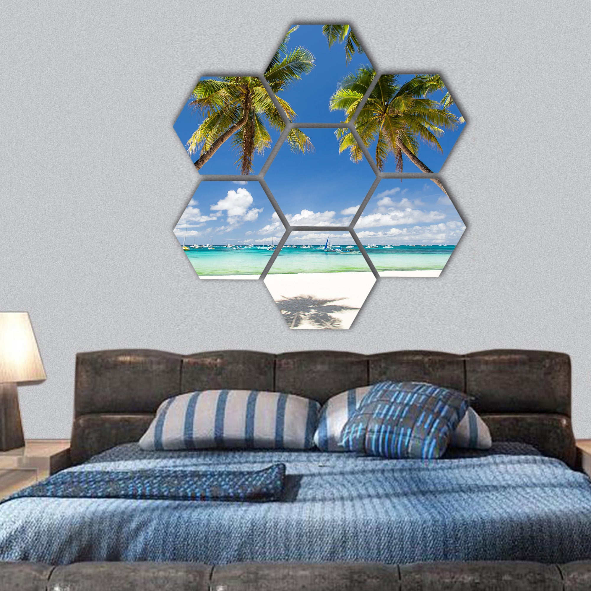 Tropical beach with palms and white sand, Boracay Island hexagonal canvas wall art