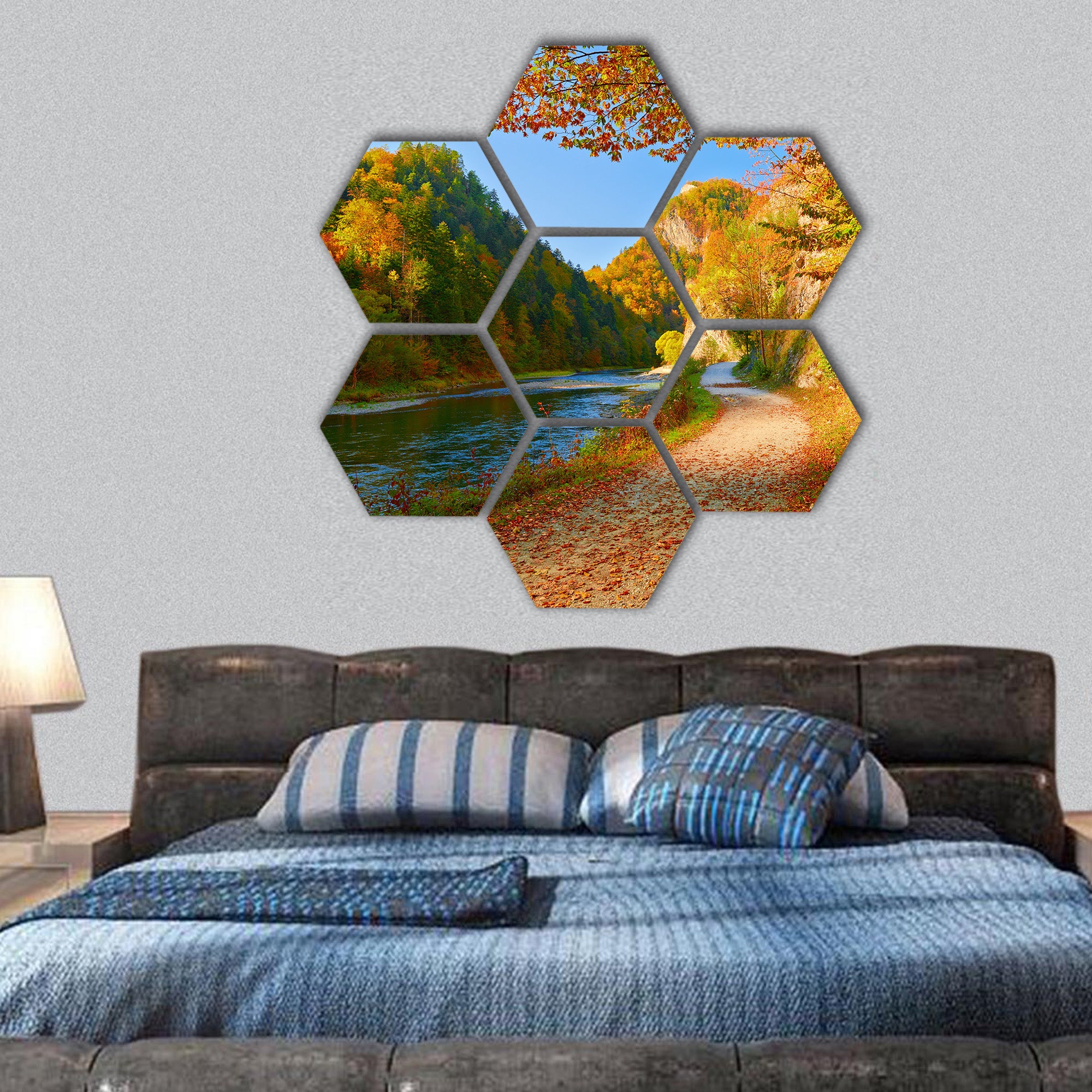 Autumn landscape with The Dunajec River hexagonal canvas wall art