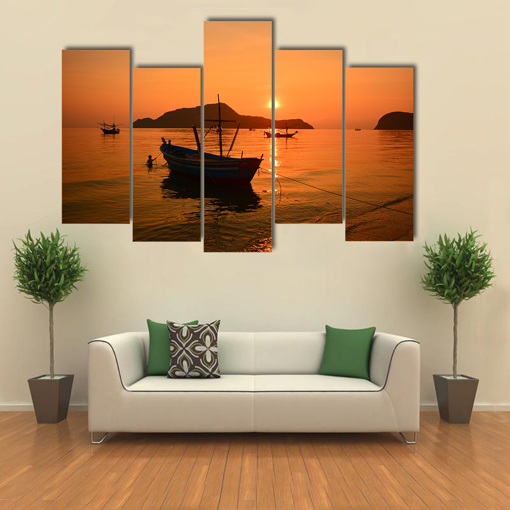 The Long Tail At The Beach On Sunrise Multi Panel Canvas Wall Art