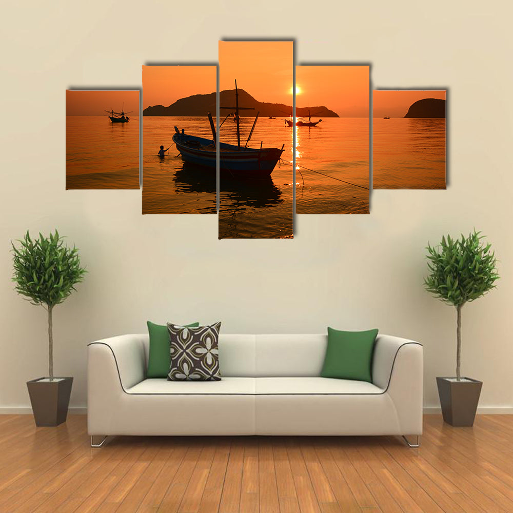 The Long Tail At The Beach On Sunrise Multi Panel Canvas Wall Art