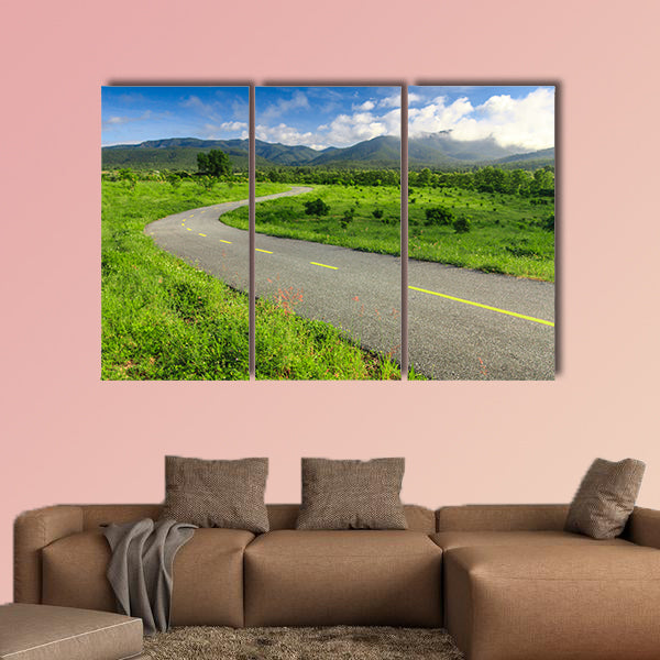 Beautiful countryside road under blue sky multi panel canvas wall art