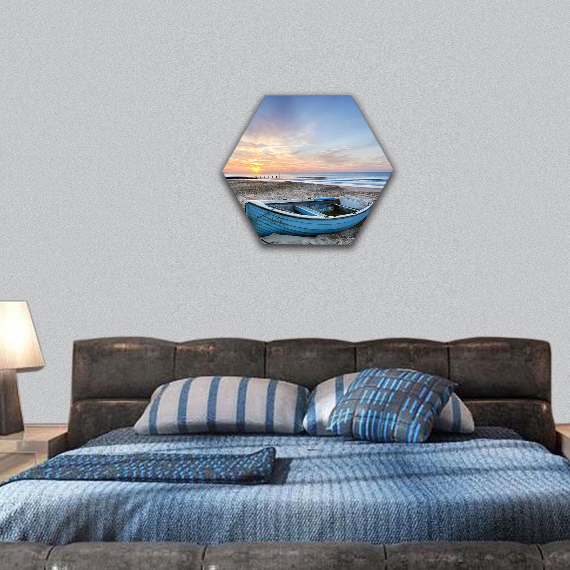 Fishing boat at sunrise on Bournemouth beach hexagonal canvas wall art