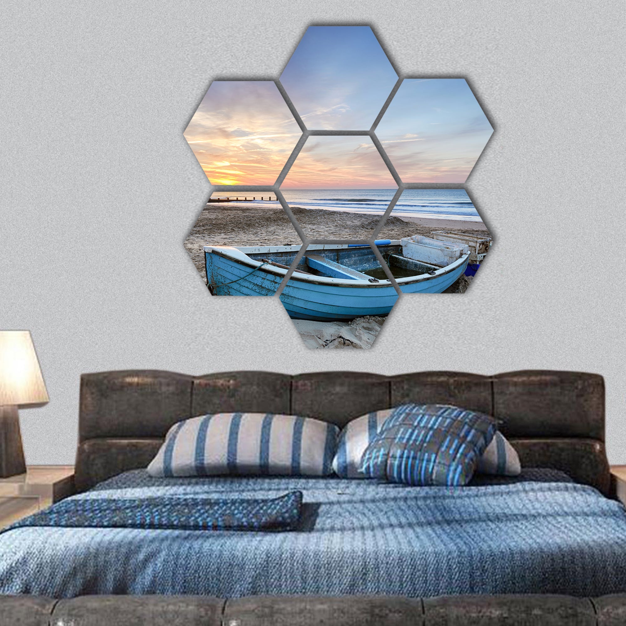 Fishing boat at sunrise on Bournemouth beach hexagonal canvas wall art