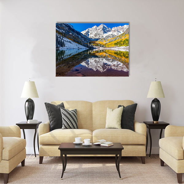 winter and Fall foliage at Maroon Bells, CO Multi panel canvas wall art