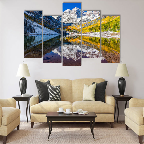 winter and Fall foliage at Maroon Bells, CO Multi panel canvas wall art