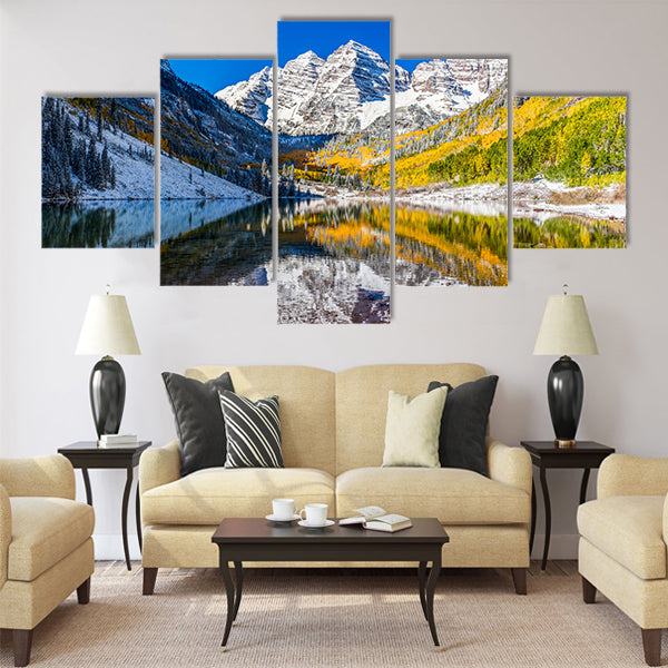 winter and Fall foliage at Maroon Bells, CO Multi panel canvas wall art