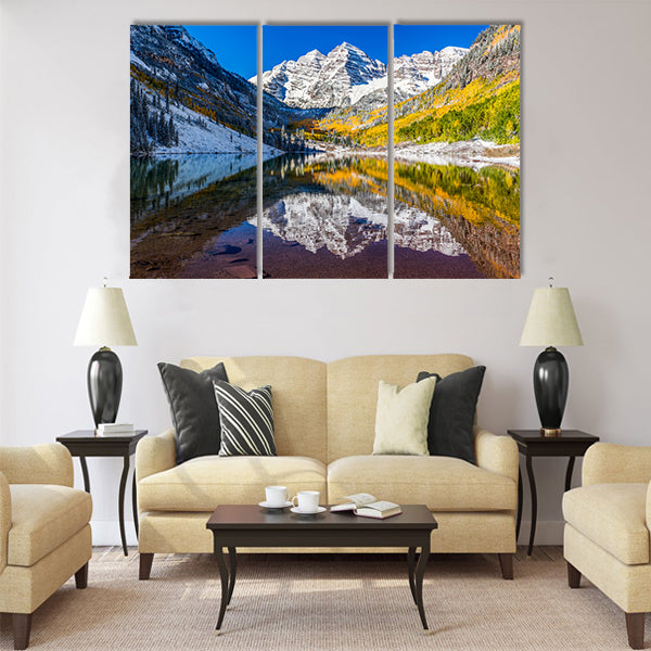 winter and Fall foliage at Maroon Bells, Aspen Multi panel canvas wall art