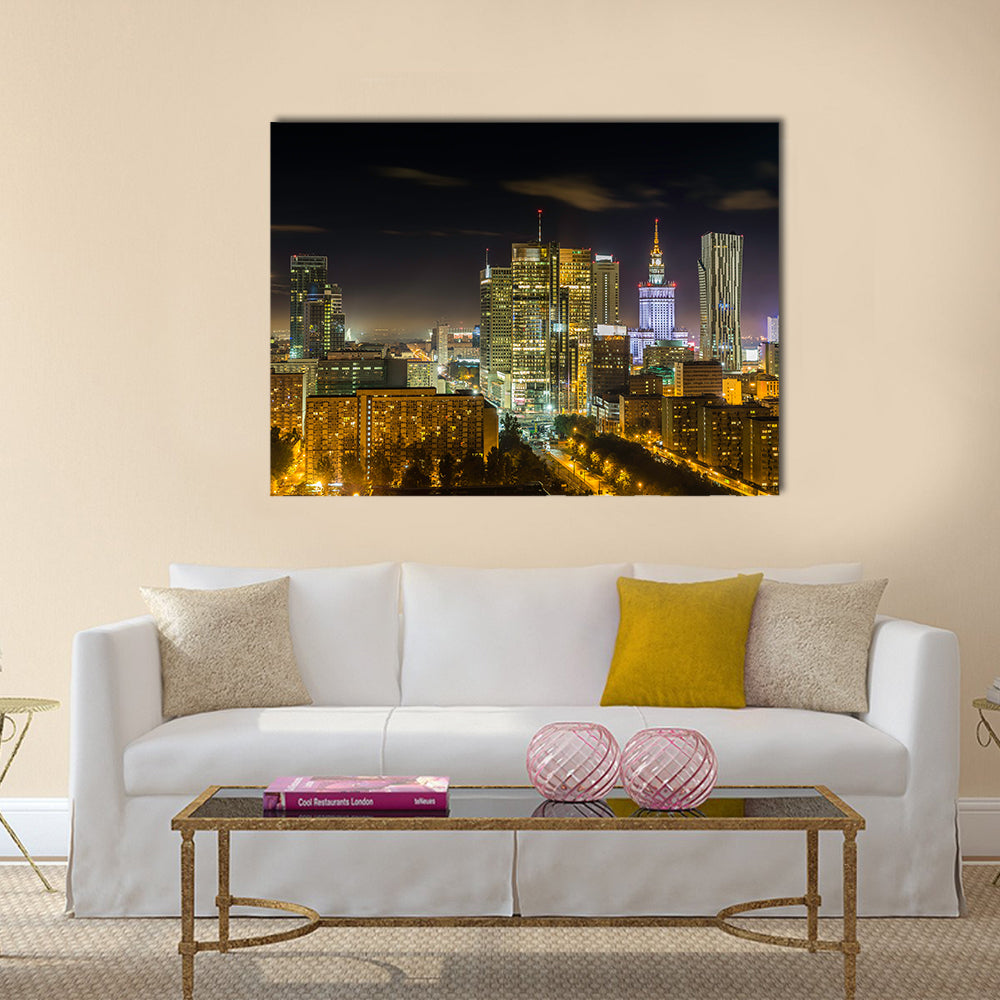 Warsaw downtown at night, Poland Multi panel canvas wall art
