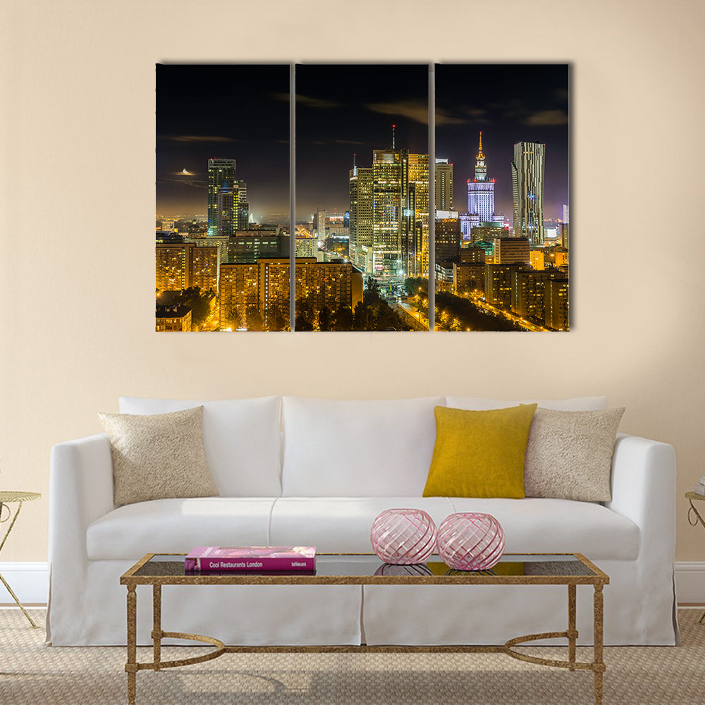 Warsaw downtown at night, Poland Multi panel canvas wall art