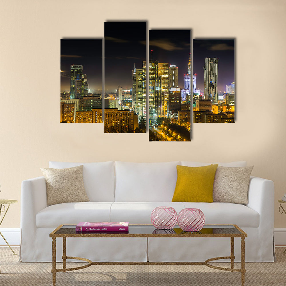 Warsaw downtown at night, Poland Multi panel canvas wall art