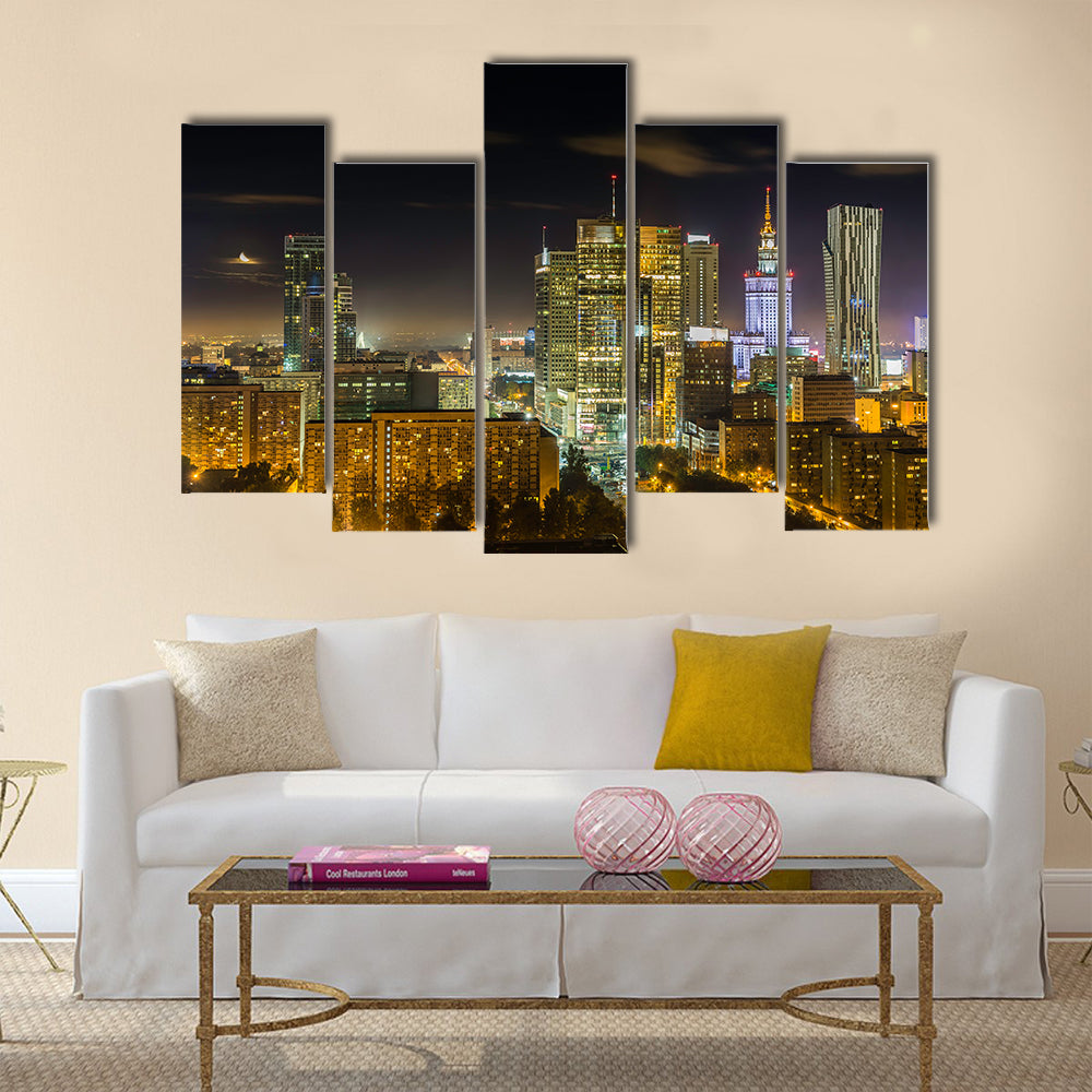Warsaw downtown at night, Poland Multi panel canvas wall art