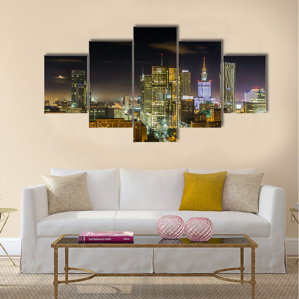 Warsaw downtown at night, Poland Multi panel canvas wall art