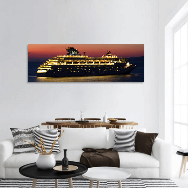 Big cruise ship with lights open at sunset panoramic canvas wall art