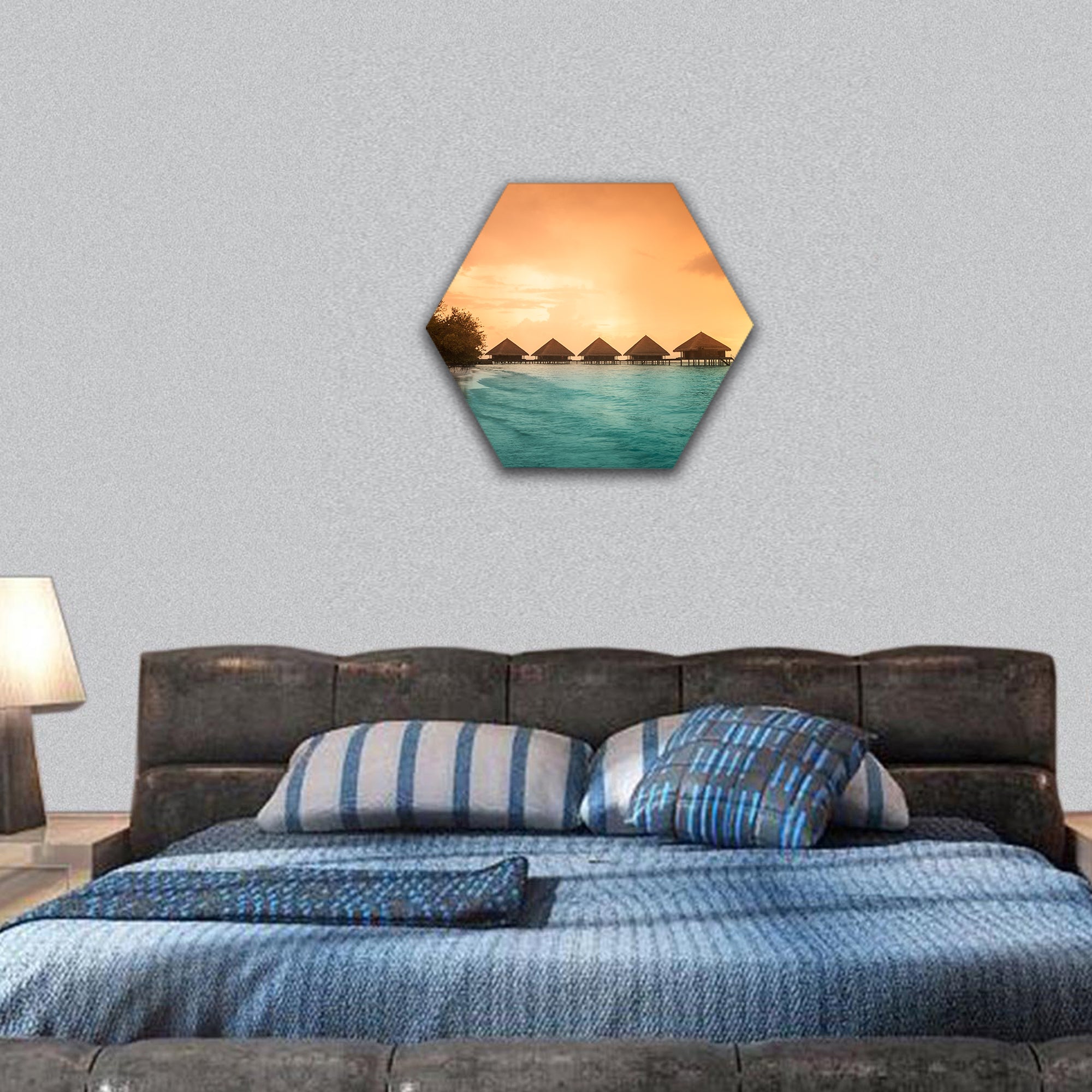 Water bungalows with amazing green lagoon hexagonal canvas wall art