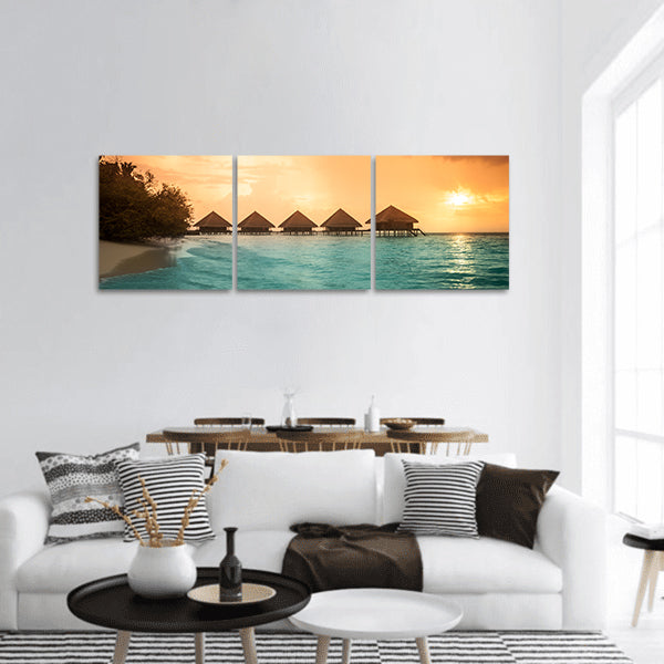 Over water bungalows with steps into amazing green lagoon panoramic canvas wall art