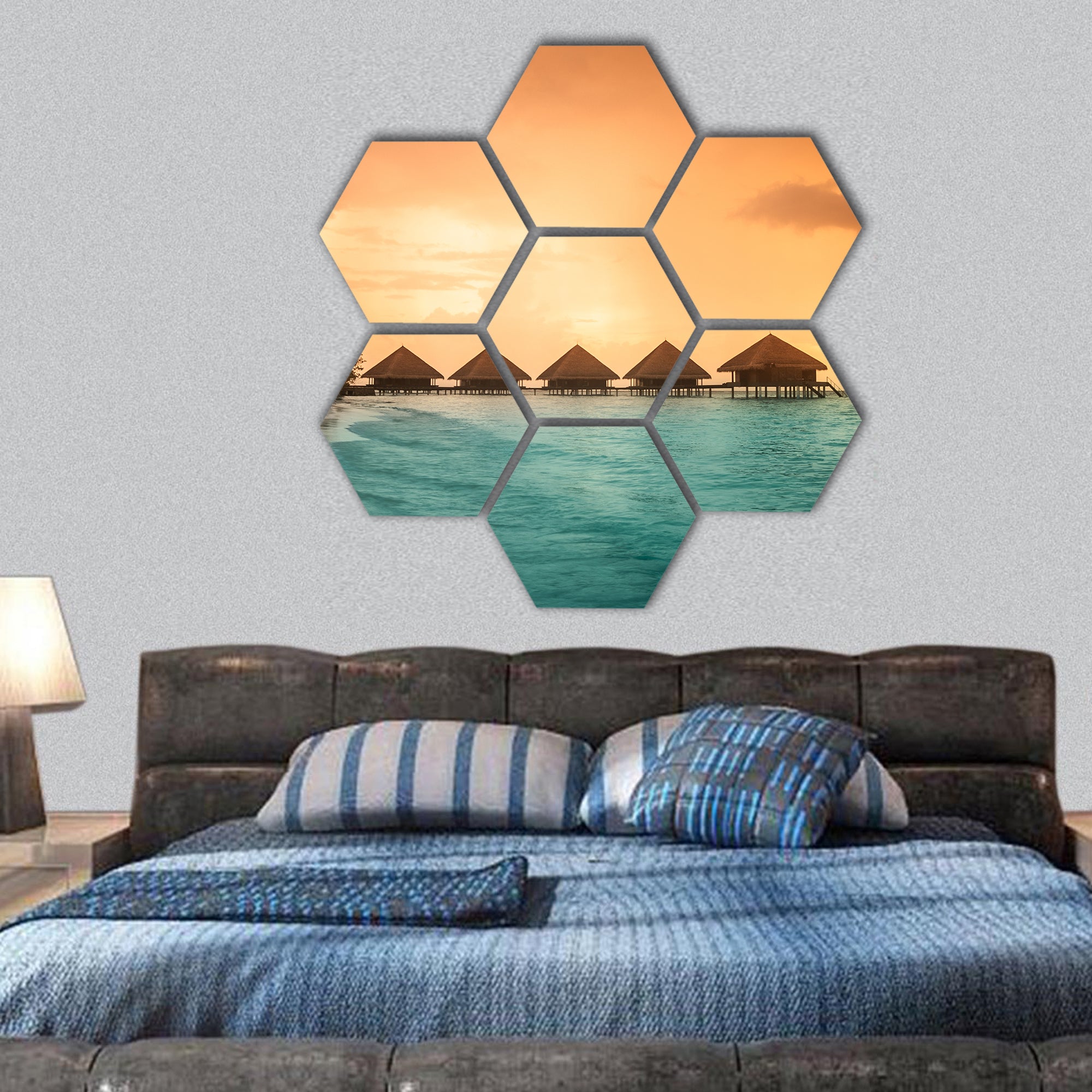 Water bungalows with amazing green lagoon hexagonal canvas wall art