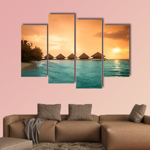 Over water bungalows with steps into amazing green lagoon multi panel canvas wall art