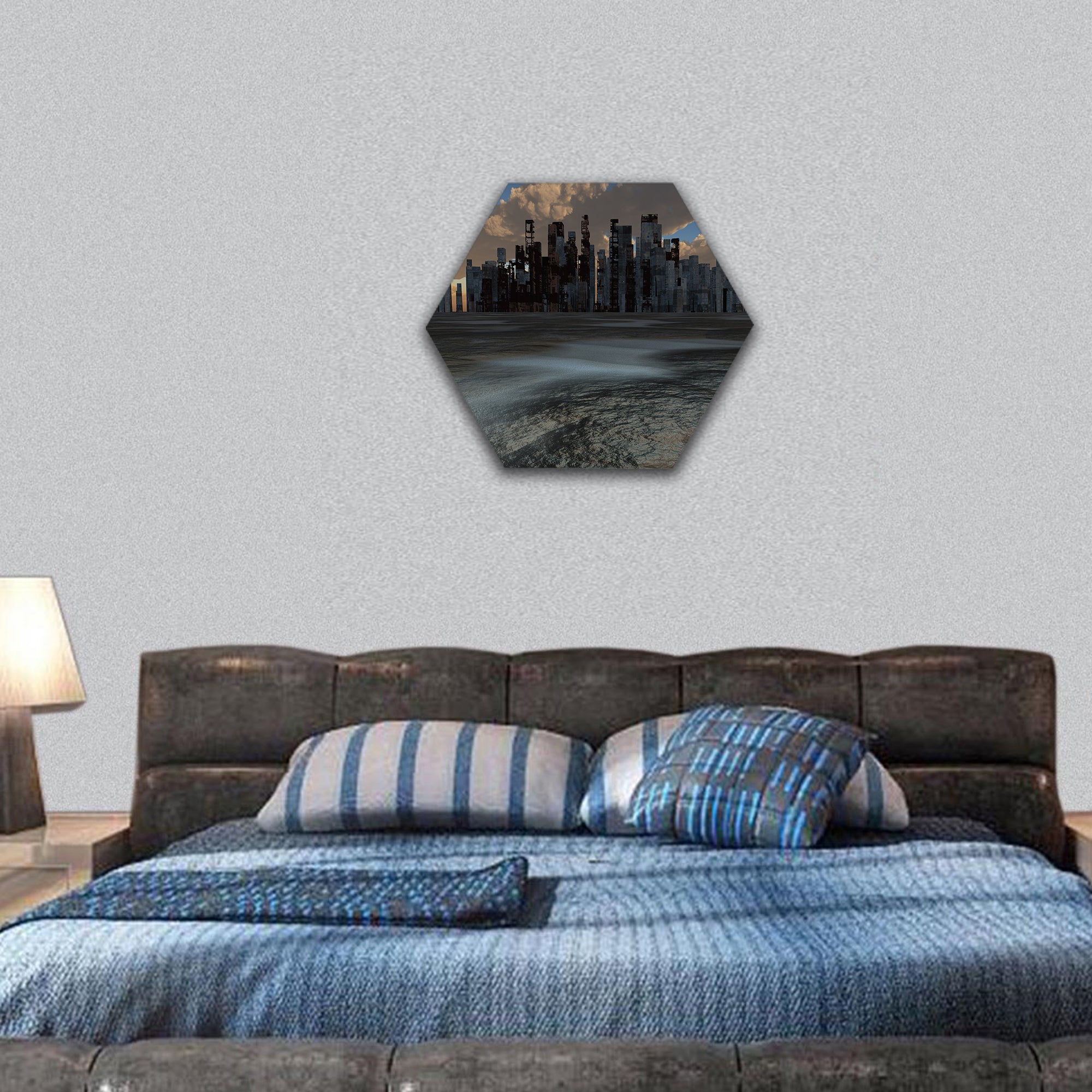 Abandoned City and baked earth hexagonal canvas wall art