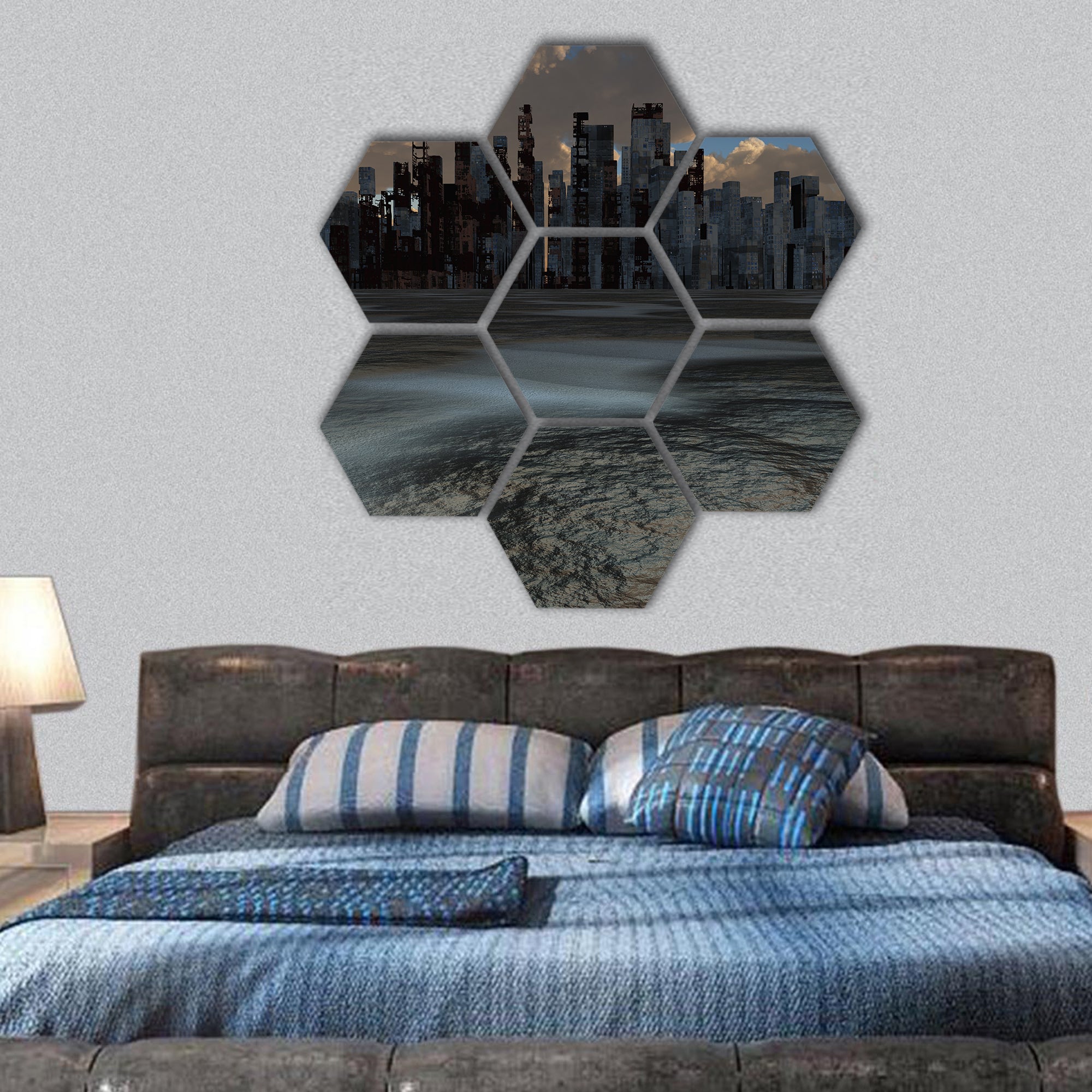 Abandoned City and baked earth hexagonal canvas wall art