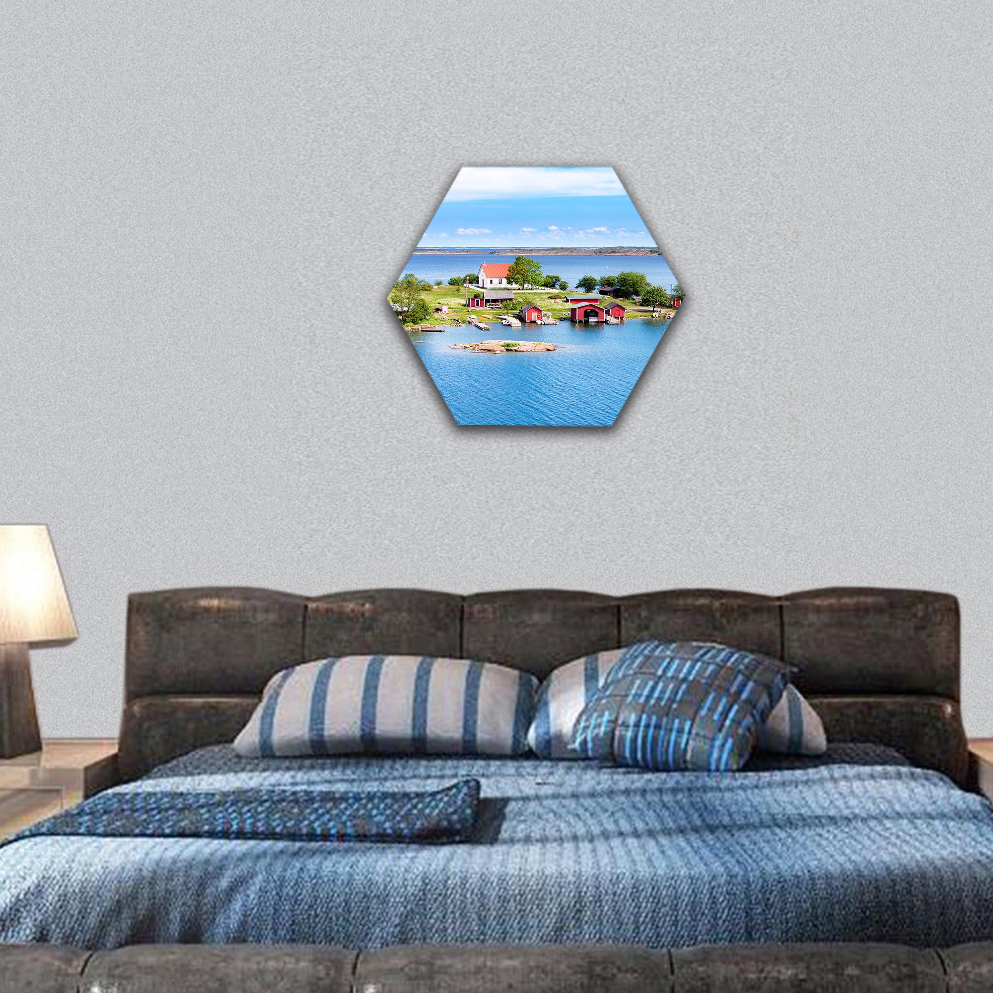 Small village with red buildings in Finnish archipelago hexagonal canvas wall art