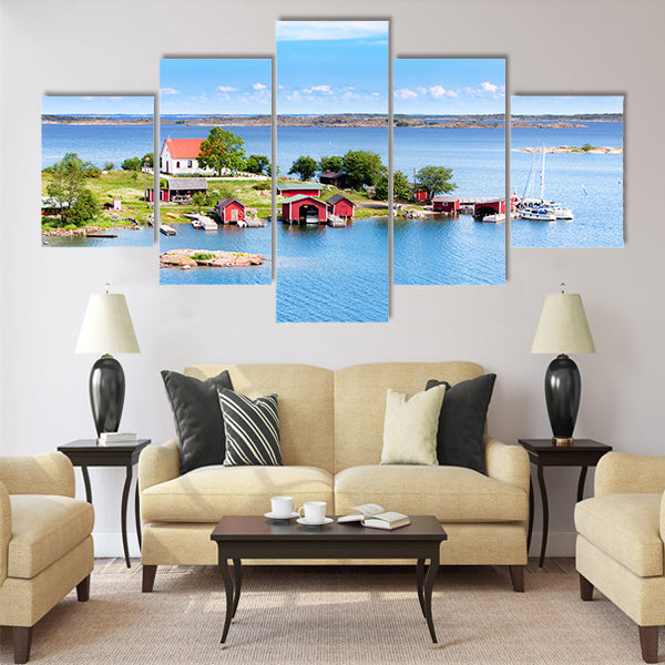 Small village with red buildings Market Multi panel canvas wall art