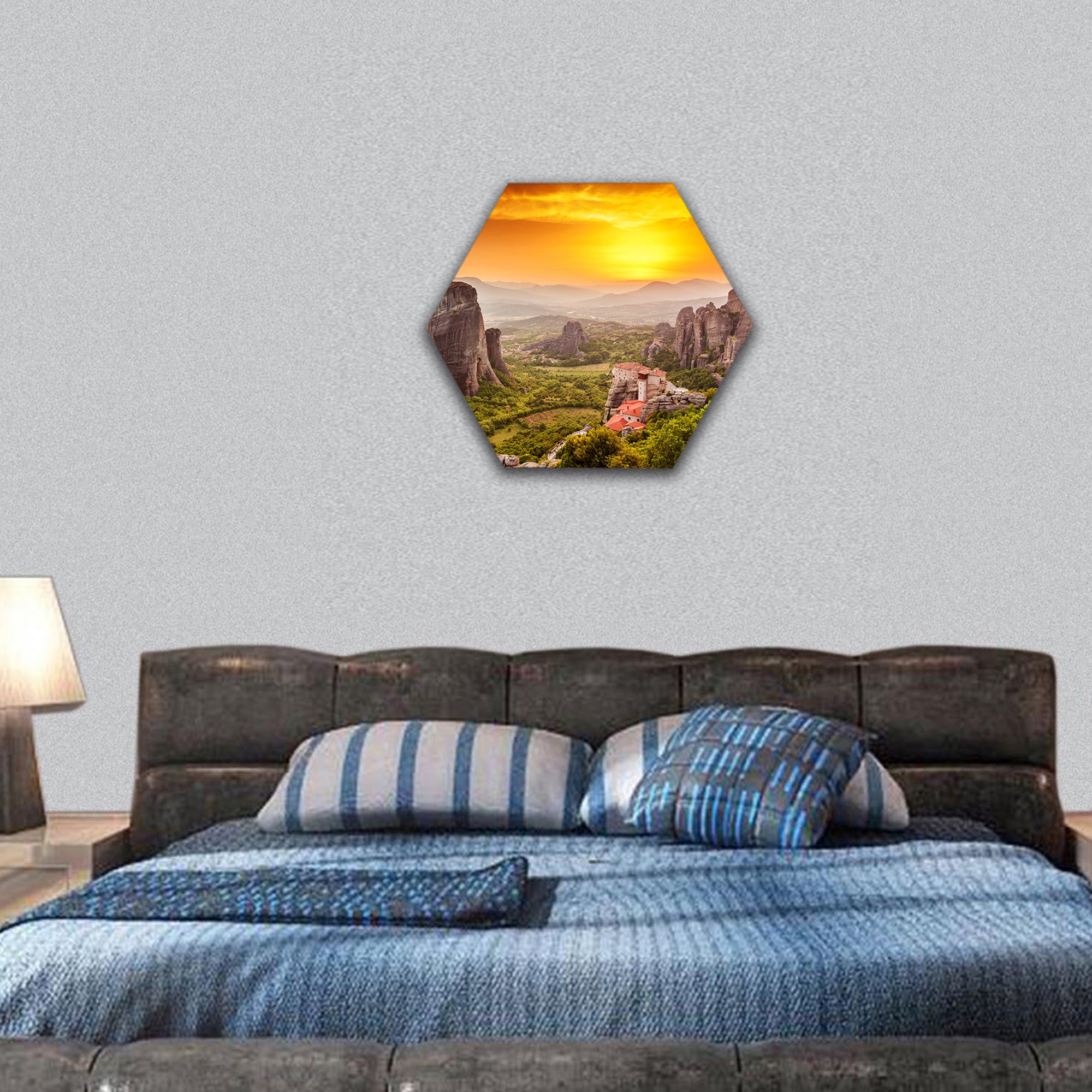 Meteora Roussanou Monastery at sunset, Greece hexagonal canvas wall art
