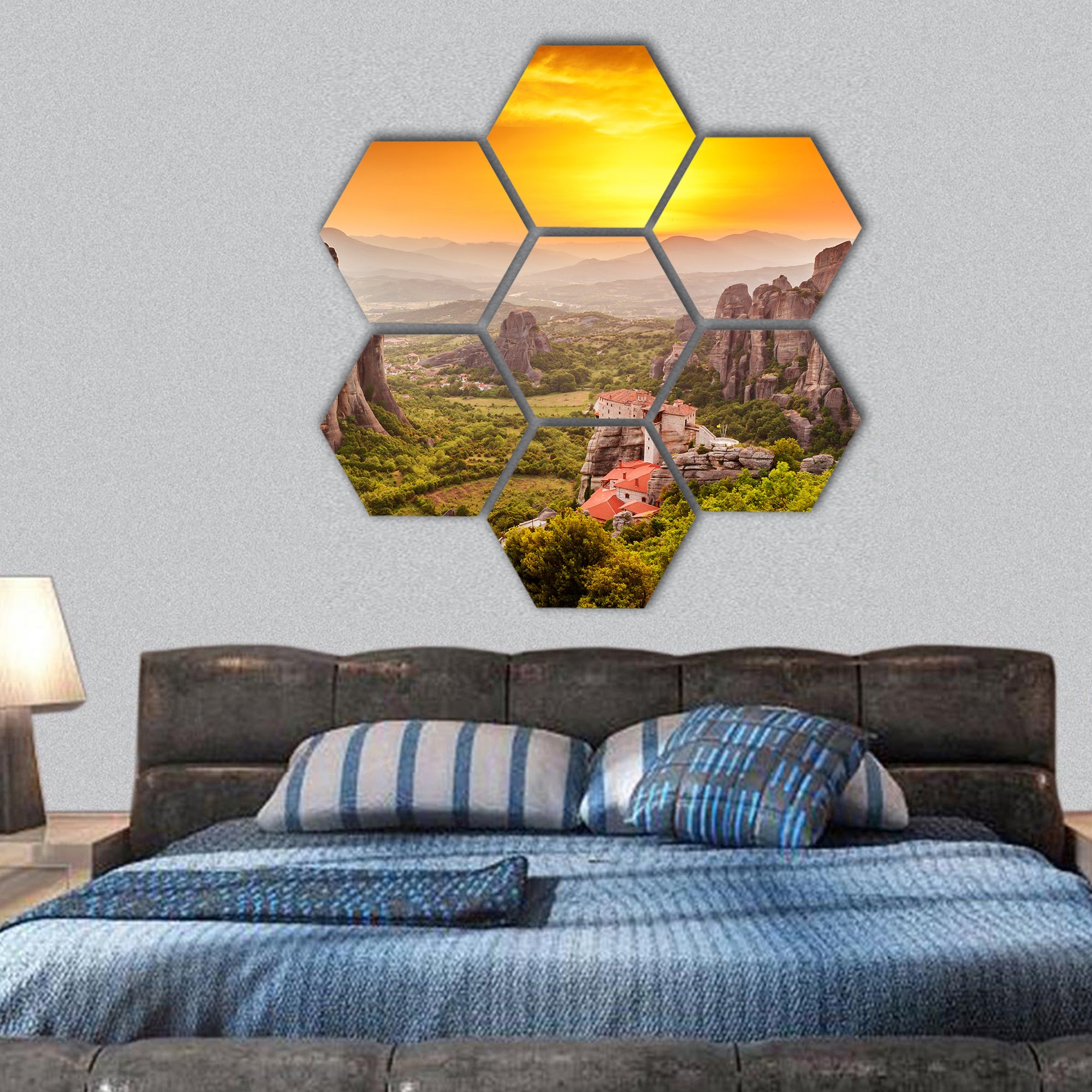 Meteora Roussanou Monastery at sunset, Greece hexagonal canvas wall art