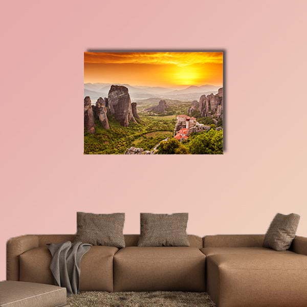 The Meteora Roussanou Monastery at sunset, Greece multi panel canvas wall art