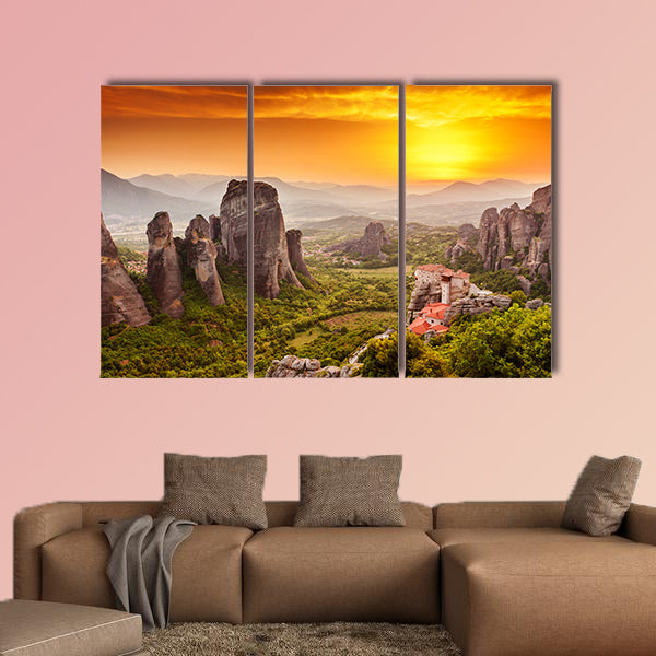 The Meteora Roussanou Monastery at sunset, Greece multi panel canvas wall art
