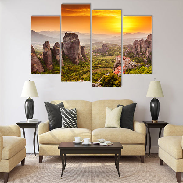 Meteora Roussanou Monastery at sunset Multi Panel Canvas Wall Art