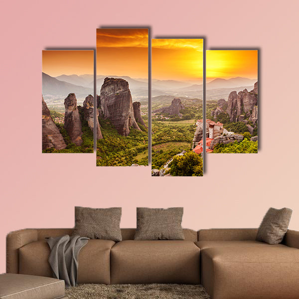 The Meteora Roussanou Monastery at sunset, Greece multi panel canvas wall art