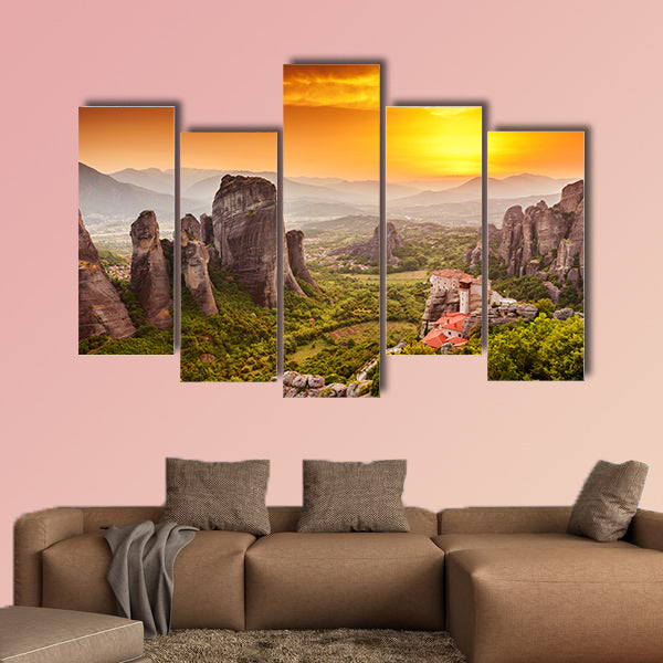 The Meteora Roussanou Monastery at sunset, Greece multi panel canvas wall art
