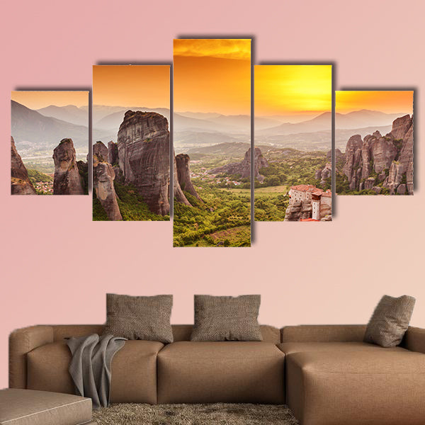The Meteora Roussanou Monastery at sunset, Greece multi panel canvas wall art