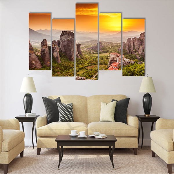 Meteora Roussanou Monastery at sunset Multi Panel Canvas Wall Art
