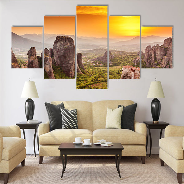 Meteora Roussanou Monastery at sunset Multi Panel Canvas Wall Art