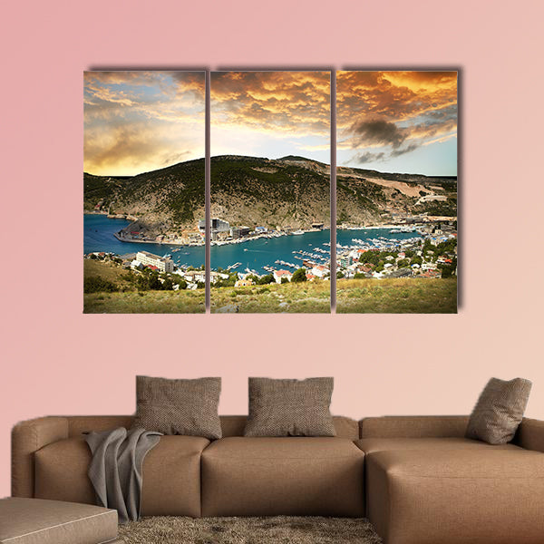 Beautiful view on the seascape with mountains multi panel canvas wall art