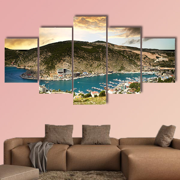 Beautiful view on the seascape with mountains multi panel canvas wall art