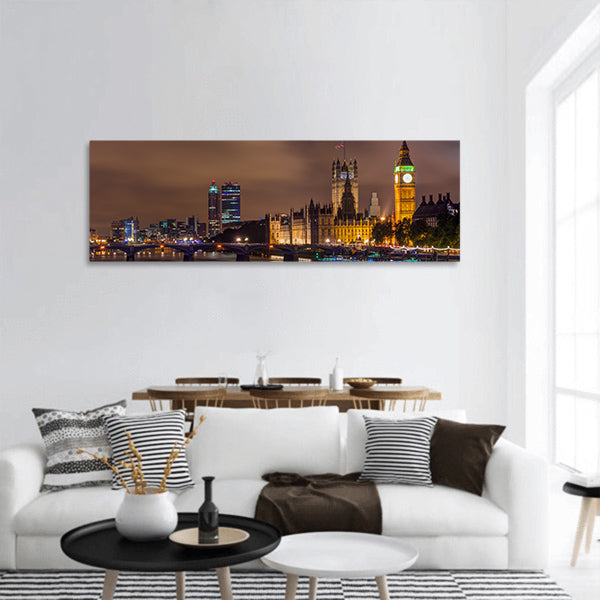 Big Ben and Westminster Bridge at night, London, UK panoramic canvas wall art